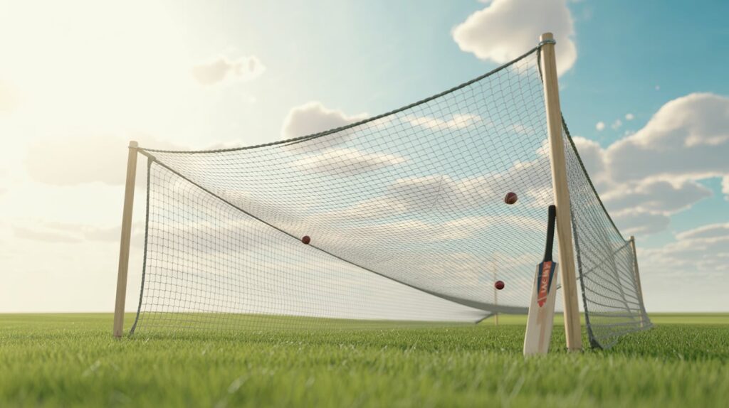 Cricketer practicing batting in a cricket net for skill improvement and confidence