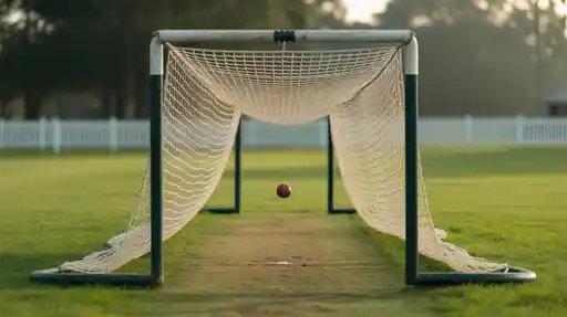 Cricketer practicing batting in a cricket net for perfecting shots and improving timing